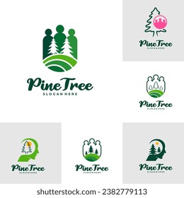 Set of Pine Tree with People logo design vector. Creative Pine Tree logo concepts template