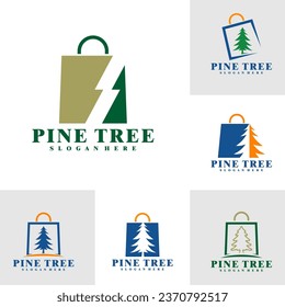 Set of Pine Tree with Shop logo design vector. Creative Pine logo concepts template