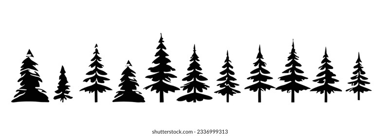 Set of pine tree silhouette, vector spruce tree, ink plant sketch, hand drawing, black silhouette