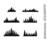 Set of pine trees forest silhouette isolated on white background. Hand drawn vector illustration.