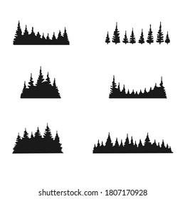Set of pine trees forest silhouette isolated on white background. Hand drawn vector illustration.
