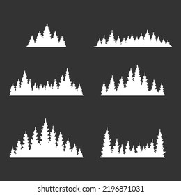 Set of pine trees forest silhouette isolated on white background. Hand drawn vector illustration.