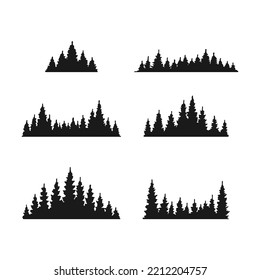 Set of pine trees forest silhouette isolated on white background. Hand drawn vector illustration.