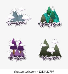 set pine trees with ice mountains and clouds