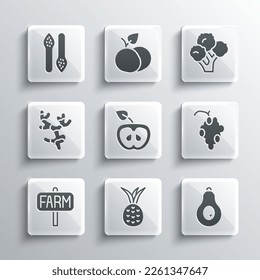 Set Pineapple, Avocado, Grape fruit, Apple, Location farm, Ginger root, Asparagus and Broccoli icon. Vector