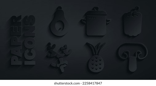 Set Pineapple, Bell pepper, Ginger root, Mushroom, Cooking pot and Avocado icon. Vector