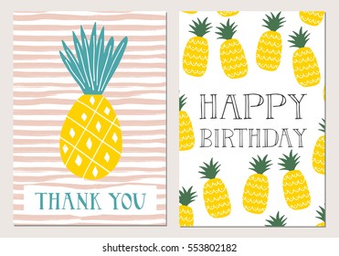 Set of pineapple cards. Happy birthday. Thank you. Vector