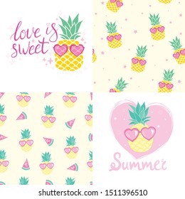 set of pineapple cards and patterns for packing, clothes, holiday