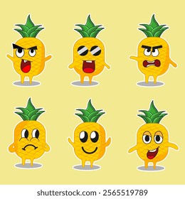 A set of pineapple cartoon characters with various expressions in hand-drawn style