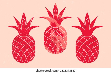 Set of pineapple icon in grunge texture. Silhouette of symbol in vintage style. Vector illustration