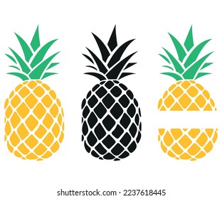 Set of pineapple icons in a flat style monogram vector summer fruits illustration isolated