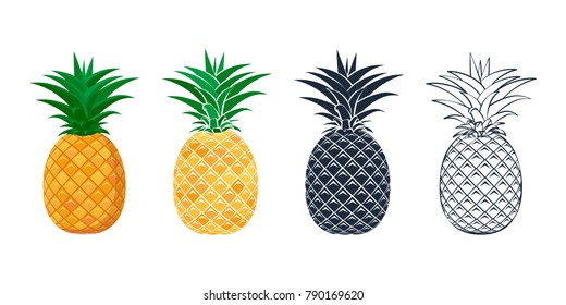 Set of pineapple icons in a flat style. Contour, outline and stylized pineapples. Design for textiles, packaging, banner, poster. Vector illustration.