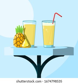Set of pineapple juice and smoothie glasses. Healthy summer drinks from fruits on a table. Design for eco diet, fitness or detox. Organic vegan food.