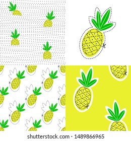 Set. Pineapple juicy fruit. Vector illustration with patterns.