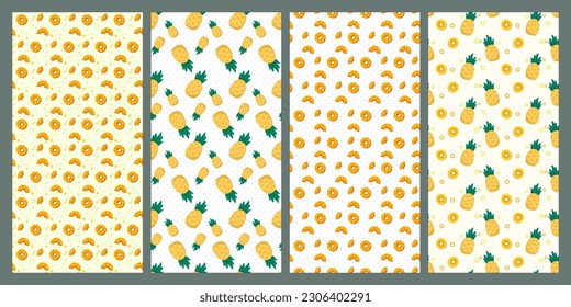 Set of pineapple and leaf seamless pattern. Fruit pattern. Summer pattern. Patterns for textiles or for covers. Wallpapers.