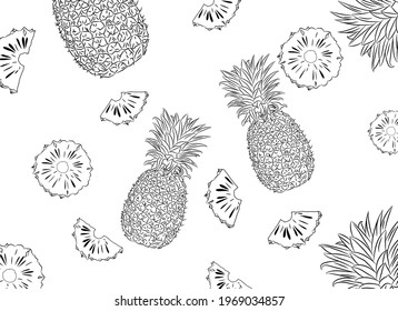 Set of pineapple line art style. Hand drawing pineapple and pineapple slice line art vector.