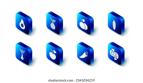 Set Pineapple, Mango fruit, Cucumber, Leaf Eco symbol, Hot chili pepper, Peach or nectarine, Onion and Avocado icon. Vector