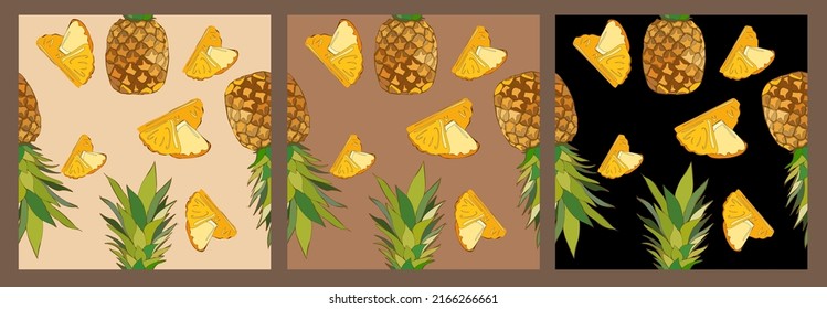 Set of pineapple seamless patterns with different backgrounds neutral earth colors. Whole ananas and slices. Summer tropical fruits vector art illustration. 