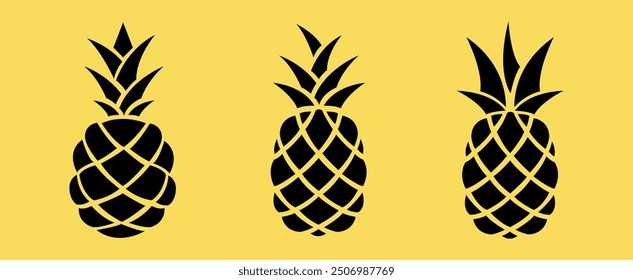 Set of Pineapple silhouette icon Isolated on yellow background. Logo vector design.