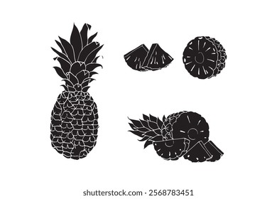 Set of pineapple silhouettes and pineapple pieces