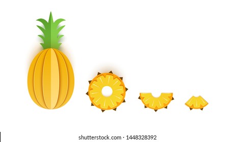 Set of pineapple sliced paper citrus fruit sliced whole, triangular and round slices, design for any purpose. Summer citrus, juicy food. Vector 3d map illustration. Tropical paper layers of fruit.