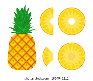 Set of pineapple and sliced pineapples (whole, half, slice) isolated on white background with cartoon style.