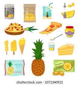 Set of pineapple slices isolated on white background. Vector illustration for decorative poster, emblem natural product. Concept for farmers market. Perfect for packaging design of cosmetics and food