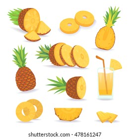 Set of pineapple slices isolated on white background. Perfect for packaging design cosmetics and food. Tropical fruit nature ananas. Sliced pineapples.