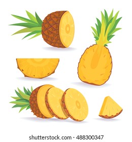 Set of pineapple slices isolated on white background. Fresh natural fruit.