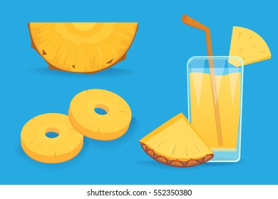 Set of pineapple slices isolated on white background. Fresh natural fruit.