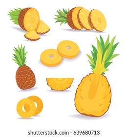 Conjunto de rodajas de piña aisladas sobre fondo blanco. Fruta natural fresca.