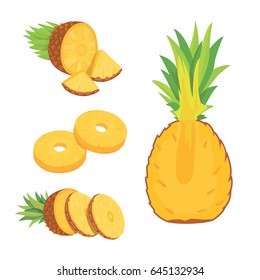 Set of pineapple slices isolated on white background. Fresh natural fruit.