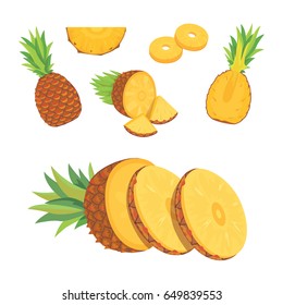 Set of pineapple slices isolated on white background. Fresh natural fruit.