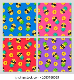 Set of pineapple with sunglasses seamless pattern background