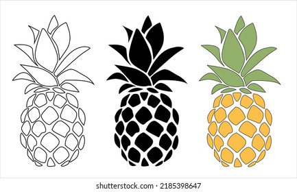 set of Pineapple vector with outline, silhouette and colored design. isolated on white. 