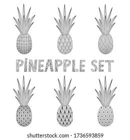 A set of pineapples. Doodle. Black and white vector illustration. Hand-drawn. Isolated on a white background. Decorative pineapples for your design.
