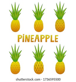A set of pineapples. Doodle. Colorful vector illustration. Hand-drawn style. Isolated on a white background. Decorative pineapples for your design.