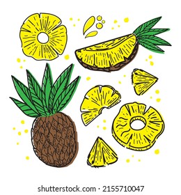 Conjunto de piñas, elementos de doodle dibujados con un estilo de esbozo. Piña entera, partes, hojas, rodajas, núcleo, gotas de jugo. Colección de imágenes de frutas. Ilustración vectorial, aislada en fondo blanco.