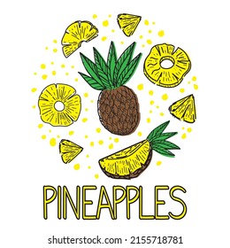 A set of pineapples, drawn doodle elements in sketch style. Whole pineapple, parts, leaves, slices, core, juice drops, arranged in a circle. Vector illustration, isolated on white background.