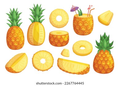 3d Realistic Isolated Vector Set Of Pineapple With Juice Splash Whole  Pineapple With Leaves And Splash With Drops Falling Pineapple Slices In  Pineapple Juice And Pieces With A Half Stock Illustration 