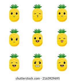 Set of pineapples with kawaii emotions. Flat design vector illustration