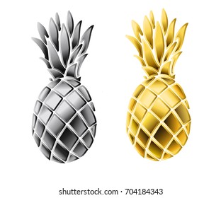 Set of pineapples. Silver and golden tropical fruit. A realistic decoration. Vector illustration.