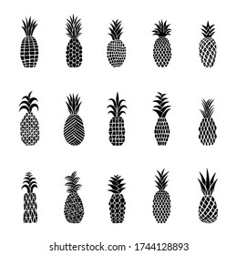 A set of pineapples. Tropical fruits collection. Black and white vector illustration. Hand drawn. Isolated over white background.  