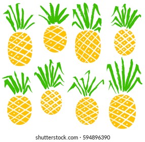 Set with pineapples. Vector isolated fruits with hand drawn ink leaves. Vegetarian fresh food collection with pineapple. 