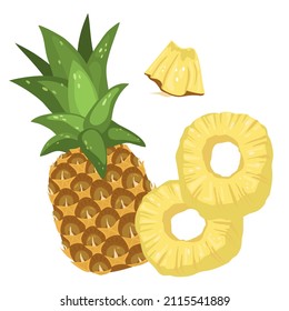 set of pineapples. A whole pineapple, rings and slice isolated on a white background. Vector illustration of tropical fruits in cartoon style for packaging, menus and recipes