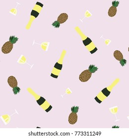 a set of pineapples, wine glasses and a bottle of champagne
