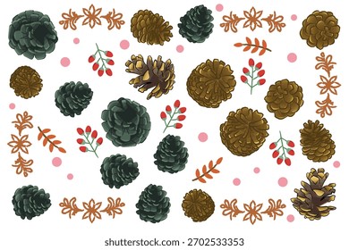 Conjunto de piñones con artículos de otoño, piñones, sus contornos redondos 