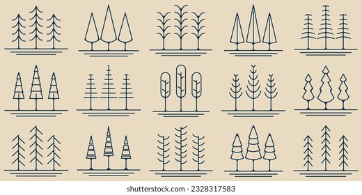 set pines tree line art icon logo symbol minimalist vector illustration design