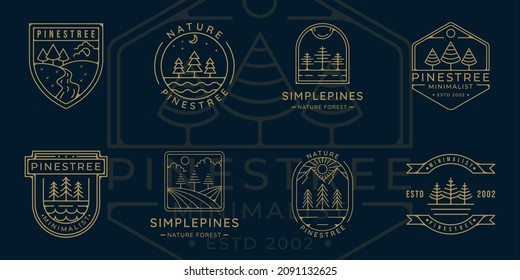 set of pines tree logo line art simple vector illustration template icon graphic design. bundle collection of pine at nature with various badge and typography
