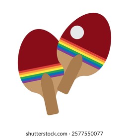 A set of ping pong paddles and ball with rainbow pride colors